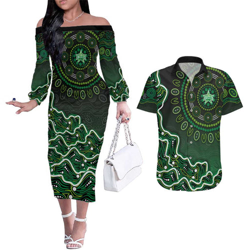 Melbourne Stars Cricket Mascot Couples Matching Off The Shoulder Long Sleeve Dress and Hawaiian Shirt Aboriginal Dot Art Green And Black Tribal Pattern
