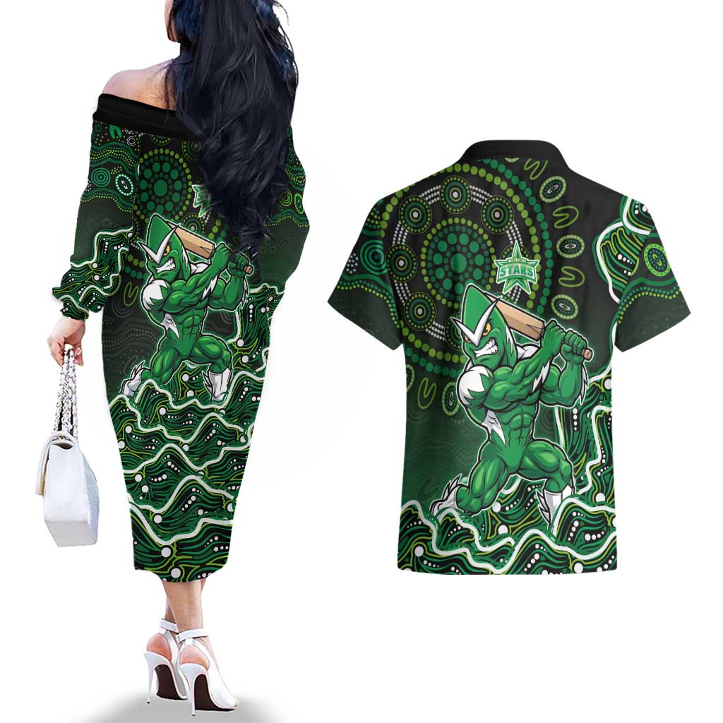 Melbourne Stars Cricket Mascot Couples Matching Off The Shoulder Long Sleeve Dress and Hawaiian Shirt Aboriginal Dot Art Green And Black Tribal Pattern