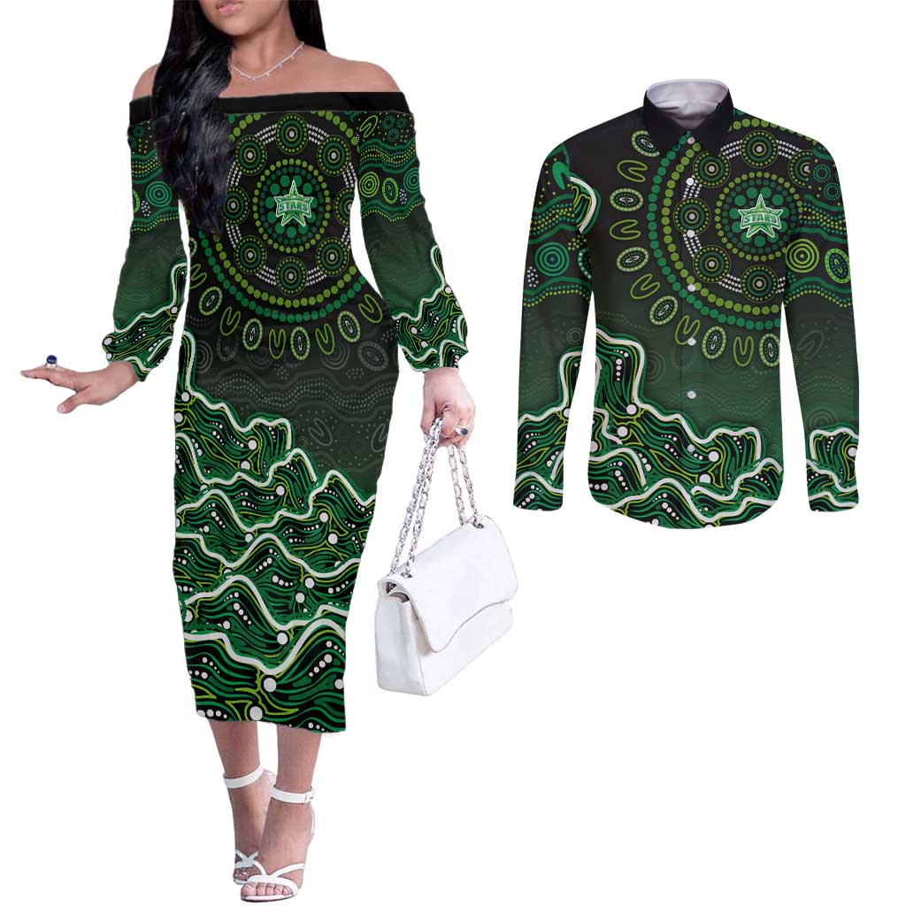 Melbourne Stars Cricket Mascot Couples Matching Off The Shoulder Long Sleeve Dress and Long Sleeve Button Shirt Aboriginal Dot Art Green And Black Tribal Pattern