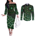 Melbourne Stars Cricket Mascot Couples Matching Off The Shoulder Long Sleeve Dress and Long Sleeve Button Shirt Aboriginal Dot Art Green And Black Tribal Pattern
