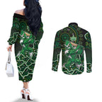 Melbourne Stars Cricket Mascot Couples Matching Off The Shoulder Long Sleeve Dress and Long Sleeve Button Shirt Aboriginal Dot Art Green And Black Tribal Pattern