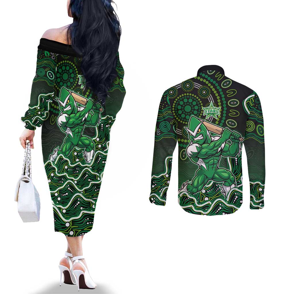 Melbourne Stars Cricket Mascot Couples Matching Off The Shoulder Long Sleeve Dress and Long Sleeve Button Shirt Aboriginal Dot Art Green And Black Tribal Pattern