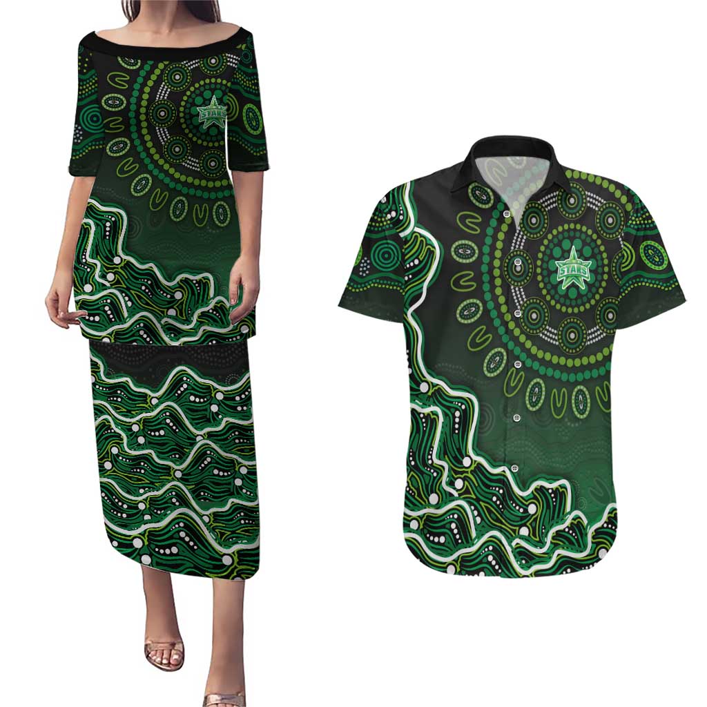 Melbourne Stars Cricket Mascot Couples Matching Puletasi and Hawaiian Shirt Aboriginal Dot Art Green And Black Tribal Pattern