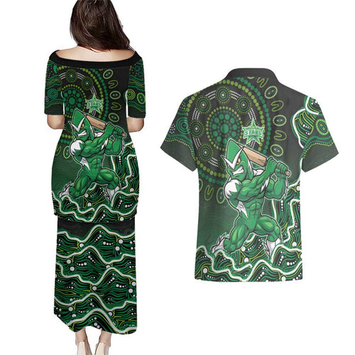 Melbourne Stars Cricket Mascot Couples Matching Puletasi and Hawaiian Shirt Aboriginal Dot Art Green And Black Tribal Pattern