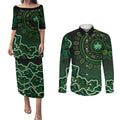 Melbourne Stars Cricket Mascot Couples Matching Puletasi and Long Sleeve Button Shirt Aboriginal Dot Art Green And Black Tribal Pattern