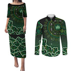 Melbourne Stars Cricket Mascot Couples Matching Puletasi and Long Sleeve Button Shirt Aboriginal Dot Art Green And Black Tribal Pattern