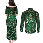 Melbourne Stars Cricket Mascot Couples Matching Puletasi and Long Sleeve Button Shirt Aboriginal Dot Art Green And Black Tribal Pattern