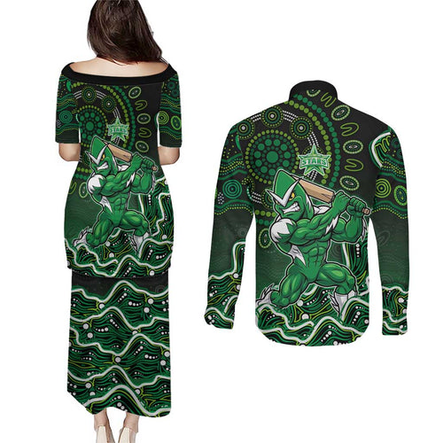 Melbourne Stars Cricket Mascot Couples Matching Puletasi and Long Sleeve Button Shirt Aboriginal Dot Art Green And Black Tribal Pattern