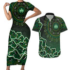 Melbourne Stars Cricket Mascot Couples Matching Short Sleeve Bodycon Dress and Hawaiian Shirt Aboriginal Dot Art Green And Black Tribal Pattern