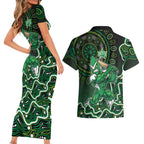 Melbourne Stars Cricket Mascot Couples Matching Short Sleeve Bodycon Dress and Hawaiian Shirt Aboriginal Dot Art Green And Black Tribal Pattern