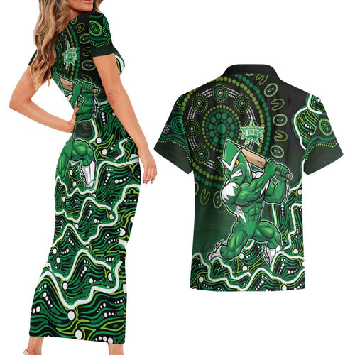 Melbourne Stars Cricket Mascot Couples Matching Short Sleeve Bodycon Dress and Hawaiian Shirt Aboriginal Dot Art Green And Black Tribal Pattern