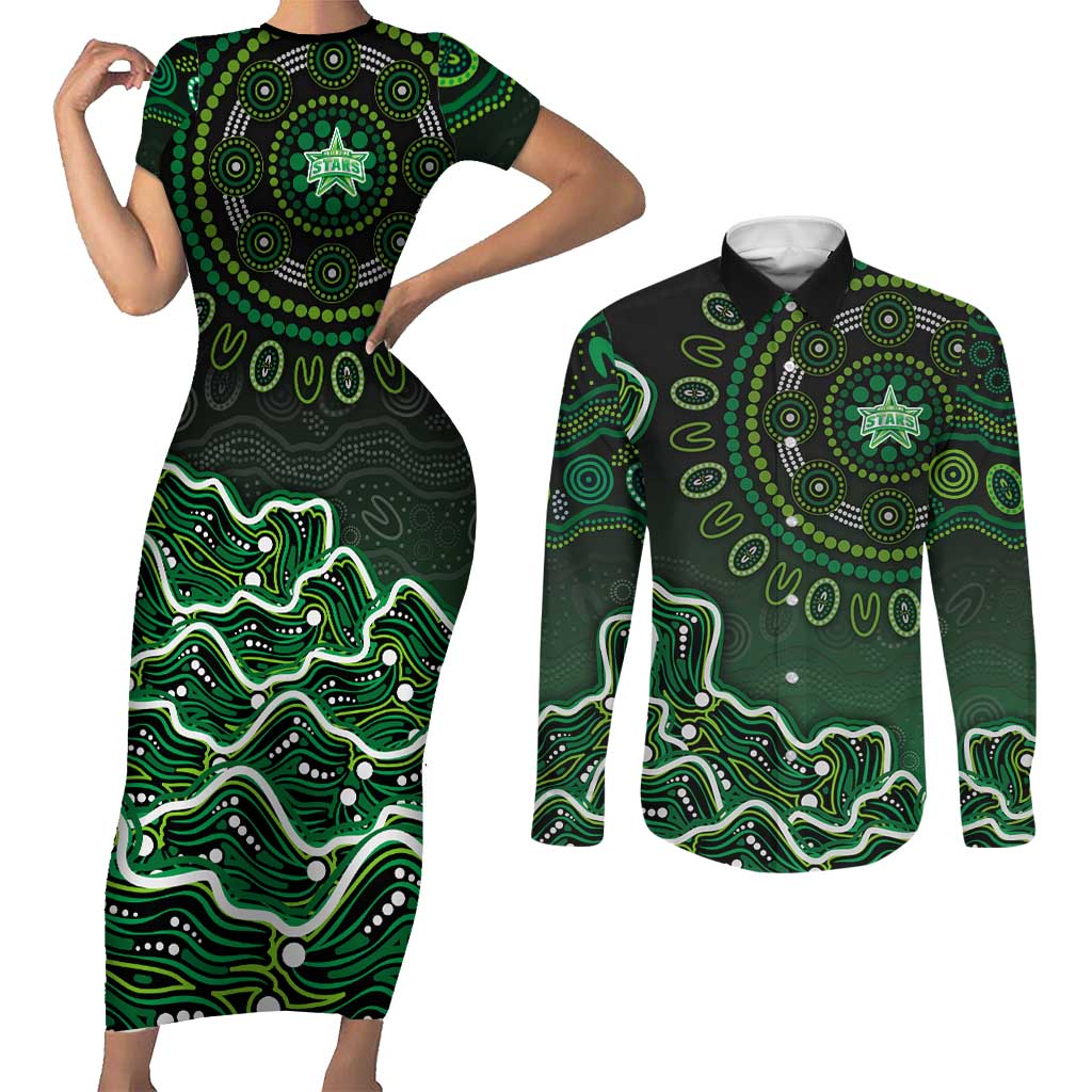 Melbourne Stars Cricket Mascot Couples Matching Short Sleeve Bodycon Dress and Long Sleeve Button Shirt Aboriginal Dot Art Green And Black Tribal Pattern