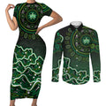 Melbourne Stars Cricket Mascot Couples Matching Short Sleeve Bodycon Dress and Long Sleeve Button Shirt Aboriginal Dot Art Green And Black Tribal Pattern