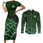 Melbourne Stars Cricket Mascot Couples Matching Short Sleeve Bodycon Dress and Long Sleeve Button Shirt Aboriginal Dot Art Green And Black Tribal Pattern