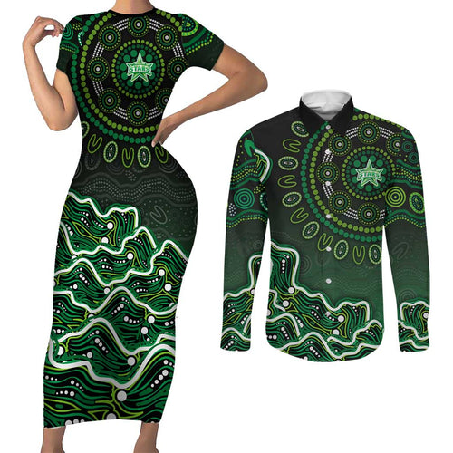 Melbourne Stars Cricket Mascot Couples Matching Short Sleeve Bodycon Dress and Long Sleeve Button Shirt Aboriginal Dot Art Green And Black Tribal Pattern
