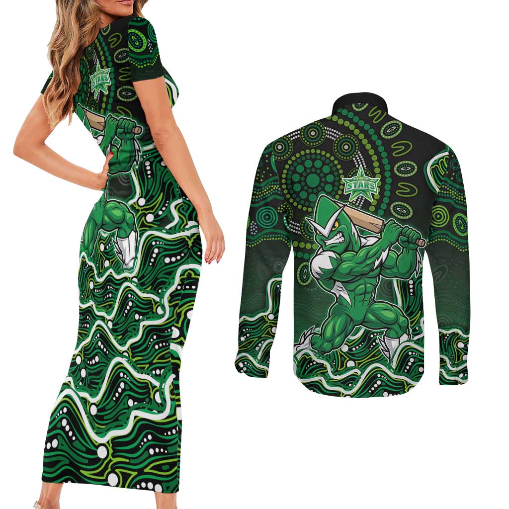 Melbourne Stars Cricket Mascot Couples Matching Short Sleeve Bodycon Dress and Long Sleeve Button Shirt Aboriginal Dot Art Green And Black Tribal Pattern