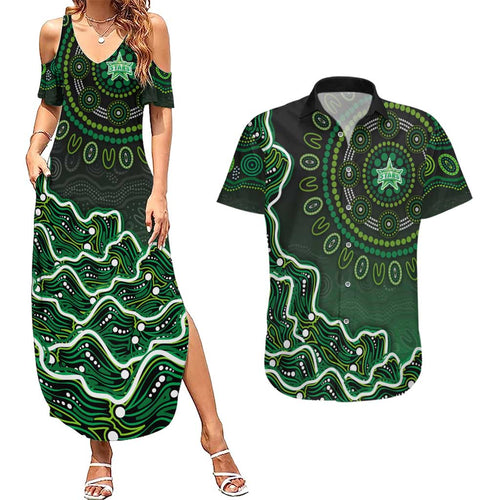Melbourne Stars Cricket Mascot Couples Matching Summer Maxi Dress and Hawaiian Shirt Aboriginal Dot Art Green And Black Tribal Pattern