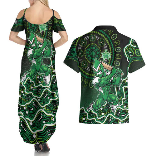 Melbourne Stars Cricket Mascot Couples Matching Summer Maxi Dress and Hawaiian Shirt Aboriginal Dot Art Green And Black Tribal Pattern