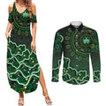 Melbourne Stars Cricket Mascot Couples Matching Summer Maxi Dress and Long Sleeve Button Shirt Aboriginal Dot Art Green And Black Tribal Pattern