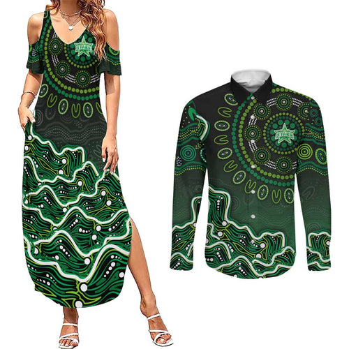 Melbourne Stars Cricket Mascot Couples Matching Summer Maxi Dress and Long Sleeve Button Shirt Aboriginal Dot Art Green And Black Tribal Pattern