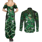 Melbourne Stars Cricket Mascot Couples Matching Summer Maxi Dress and Long Sleeve Button Shirt Aboriginal Dot Art Green And Black Tribal Pattern