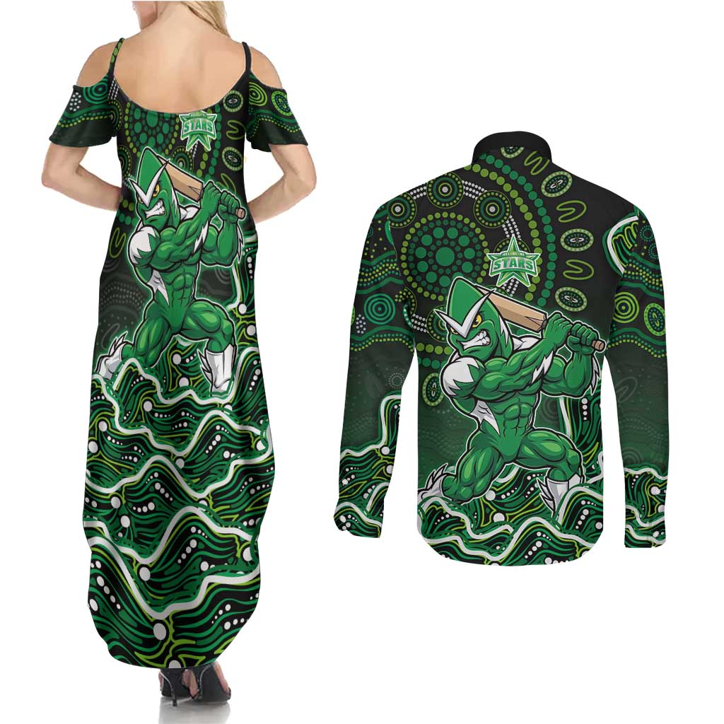 Melbourne Stars Cricket Mascot Couples Matching Summer Maxi Dress and Long Sleeve Button Shirt Aboriginal Dot Art Green And Black Tribal Pattern
