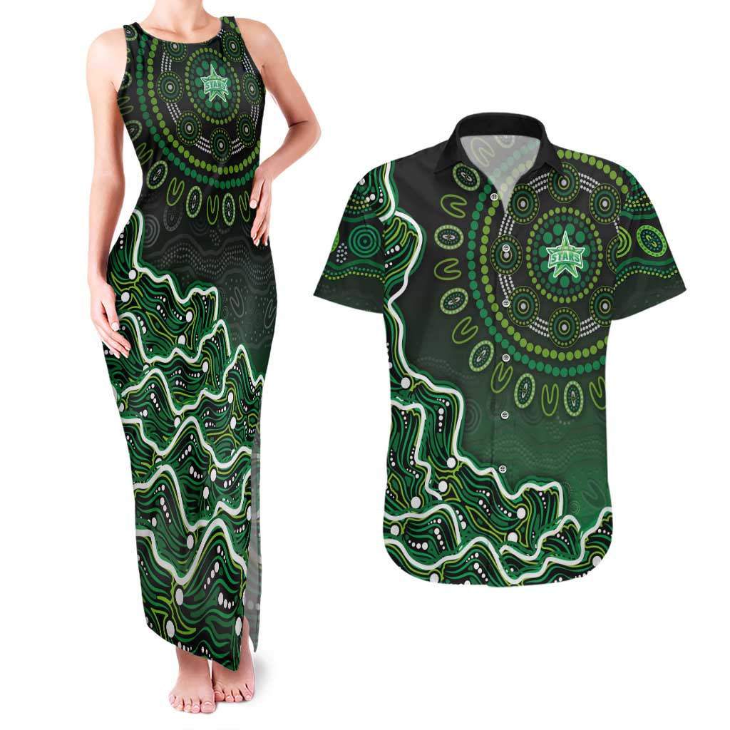Melbourne Stars Cricket Mascot Couples Matching Tank Maxi Dress and Hawaiian Shirt Aboriginal Dot Art Green And Black Tribal Pattern