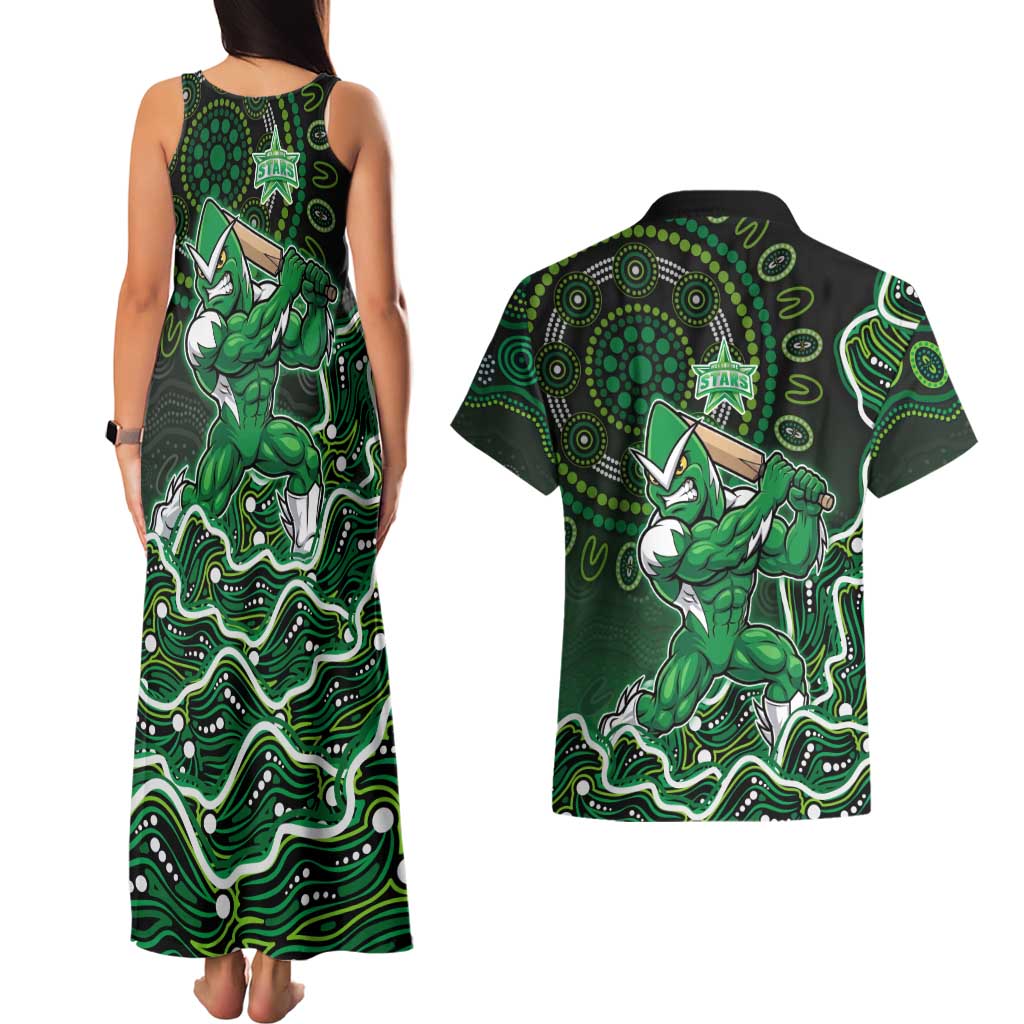 Melbourne Stars Cricket Mascot Couples Matching Tank Maxi Dress and Hawaiian Shirt Aboriginal Dot Art Green And Black Tribal Pattern
