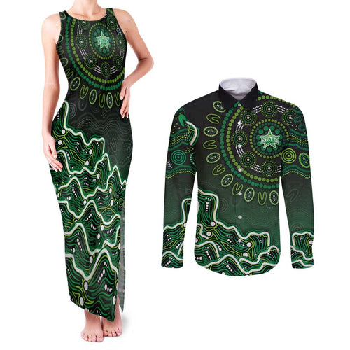 Melbourne Stars Cricket Mascot Couples Matching Tank Maxi Dress and Long Sleeve Button Shirt Aboriginal Dot Art Green And Black Tribal Pattern