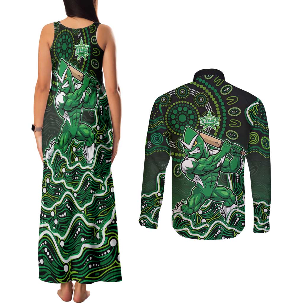 Melbourne Stars Cricket Mascot Couples Matching Tank Maxi Dress and Long Sleeve Button Shirt Aboriginal Dot Art Green And Black Tribal Pattern