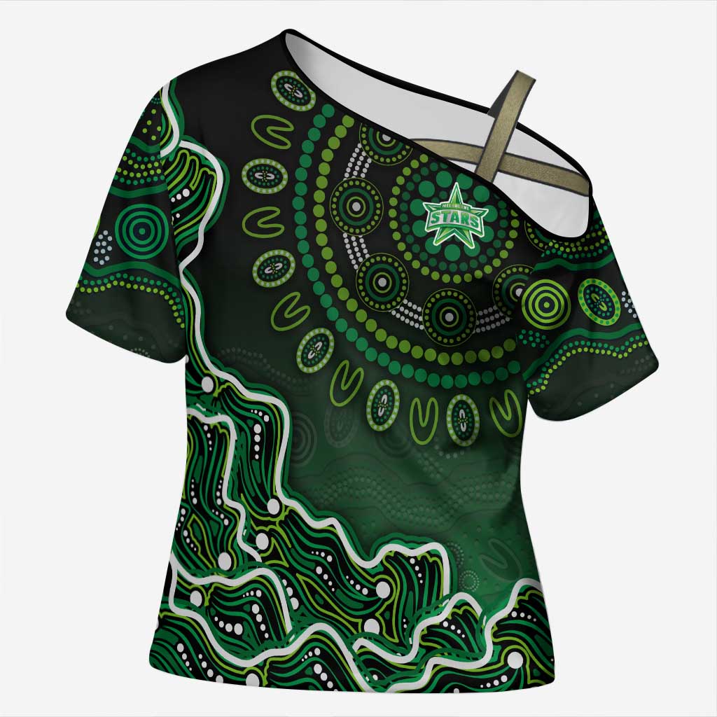 Melbourne Stars Cricket Mascot Cross Shoulder Shirt Aboriginal Dot Art Green And Black Tribal Pattern