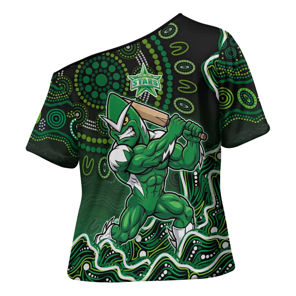 Melbourne Stars Cricket Mascot Cross Shoulder Shirt Aboriginal Dot Art Green And Black Tribal Pattern