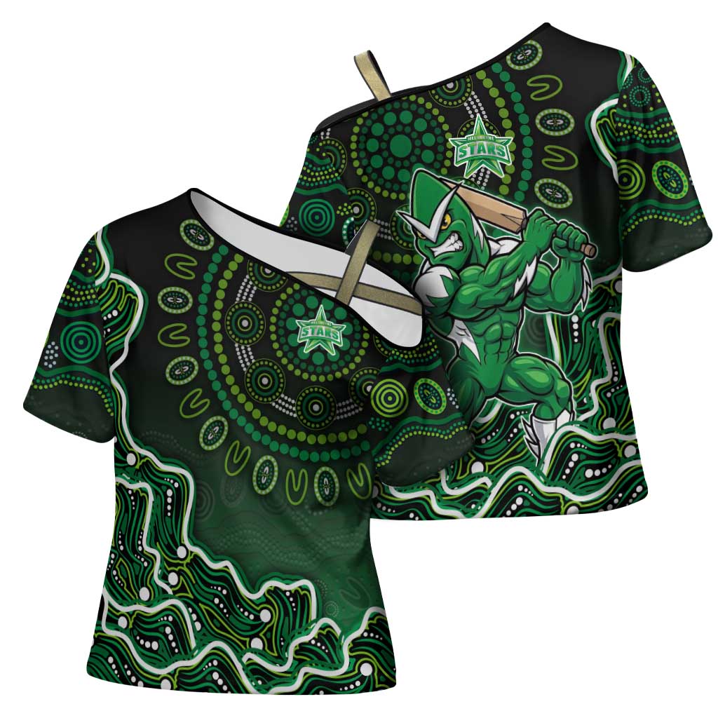 Melbourne Stars Cricket Mascot Cross Shoulder Shirt Aboriginal Dot Art Green And Black Tribal Pattern