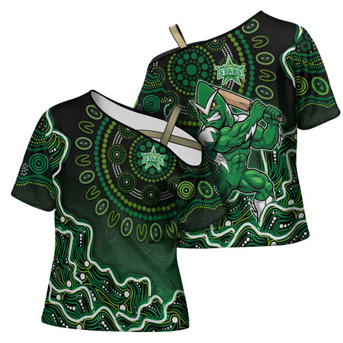 Melbourne Stars Cricket Mascot Cross Shoulder Shirt Aboriginal Dot Art Green And Black Tribal Pattern