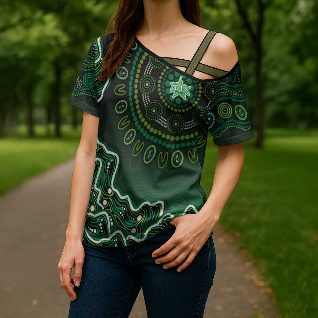 Melbourne Stars Cricket Mascot Cross Shoulder Shirt Aboriginal Dot Art Green And Black Tribal Pattern