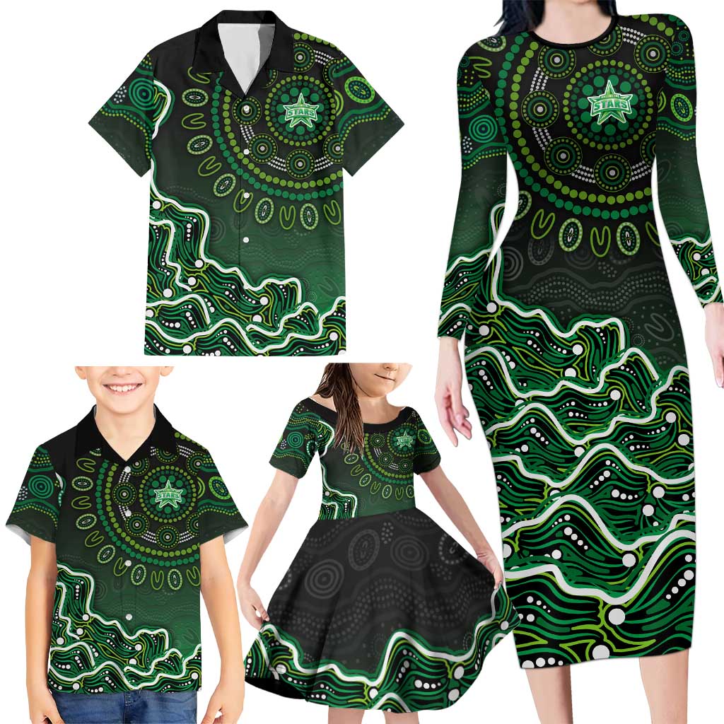 Melbourne Stars Cricket Mascot Family Matching Long Sleeve Bodycon Dress and Hawaiian Shirt Aboriginal Dot Art Green And Black Tribal Pattern