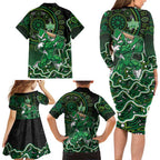 Melbourne Stars Cricket Mascot Family Matching Long Sleeve Bodycon Dress and Hawaiian Shirt Aboriginal Dot Art Green And Black Tribal Pattern