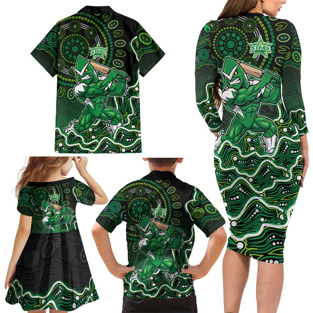 Melbourne Stars Cricket Mascot Family Matching Long Sleeve Bodycon Dress and Hawaiian Shirt Aboriginal Dot Art Green And Black Tribal Pattern