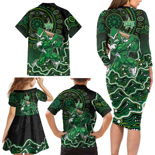 Melbourne Stars Cricket Mascot Family Matching Long Sleeve Bodycon Dress and Hawaiian Shirt Aboriginal Dot Art Green And Black Tribal Pattern