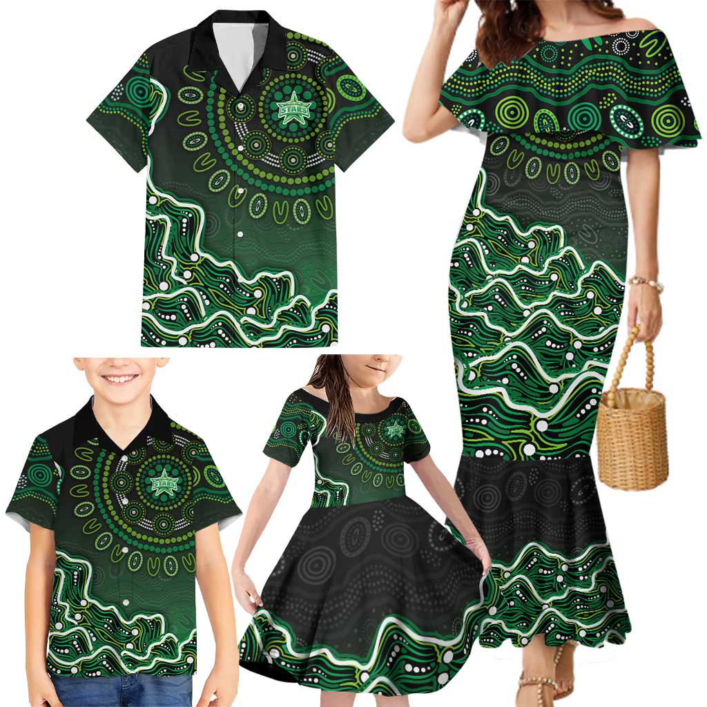 Melbourne Stars Cricket Mascot Family Matching Mermaid Dress and Hawaiian Shirt Aboriginal Dot Art Green And Black Tribal Pattern