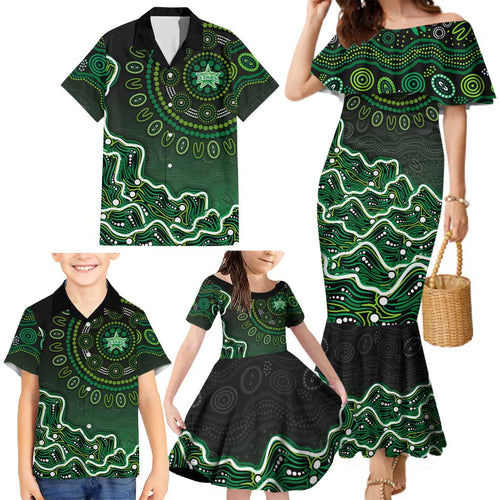 Melbourne Stars Cricket Mascot Family Matching Mermaid Dress and Hawaiian Shirt Aboriginal Dot Art Green And Black Tribal Pattern
