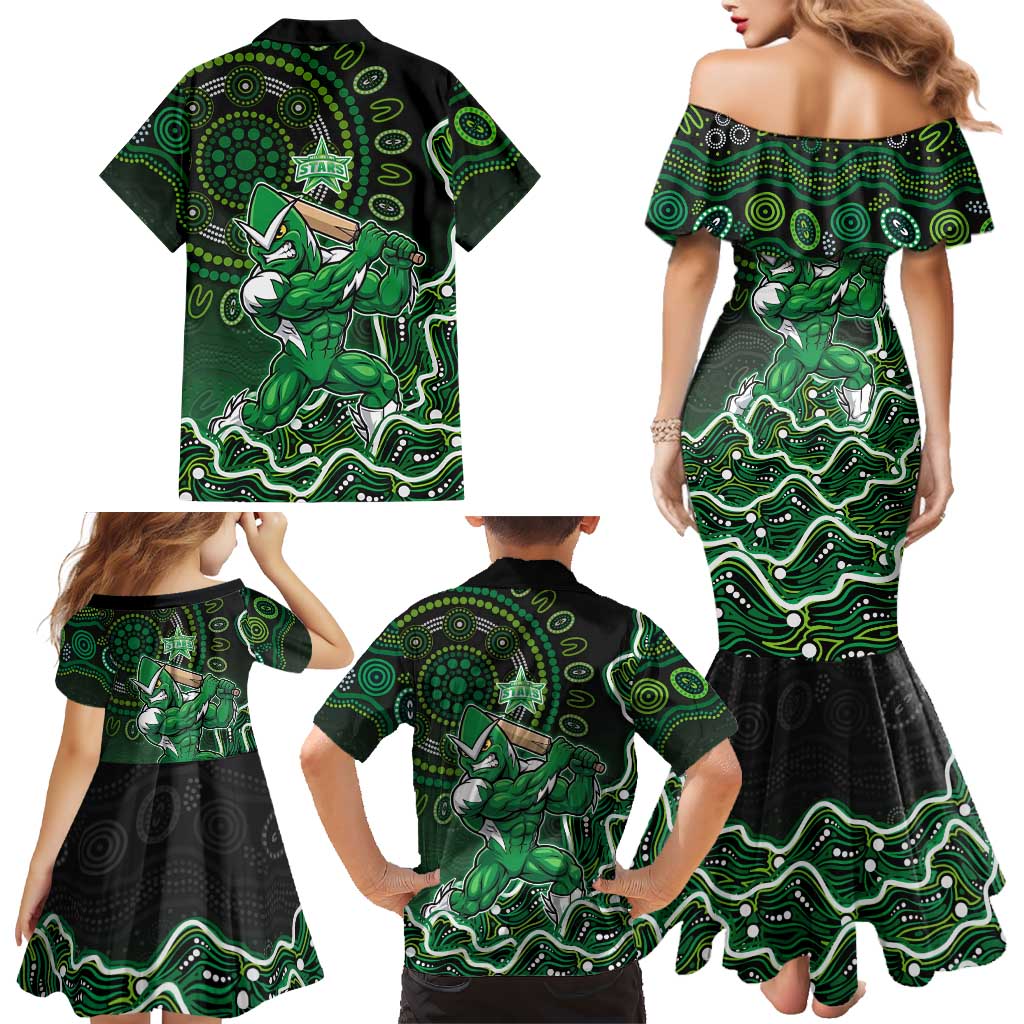 Melbourne Stars Cricket Mascot Family Matching Mermaid Dress and Hawaiian Shirt Aboriginal Dot Art Green And Black Tribal Pattern