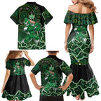 Melbourne Stars Cricket Mascot Family Matching Mermaid Dress and Hawaiian Shirt Aboriginal Dot Art Green And Black Tribal Pattern