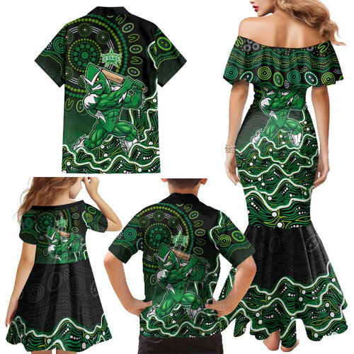 Melbourne Stars Cricket Mascot Family Matching Mermaid Dress and Hawaiian Shirt Aboriginal Dot Art Green And Black Tribal Pattern
