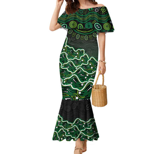 Melbourne Stars Cricket Mascot Family Matching Mermaid Dress and Hawaiian Shirt Aboriginal Dot Art Green And Black Tribal Pattern