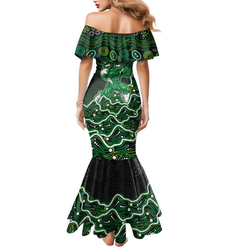 Melbourne Stars Cricket Mascot Family Matching Mermaid Dress and Hawaiian Shirt Aboriginal Dot Art Green And Black Tribal Pattern