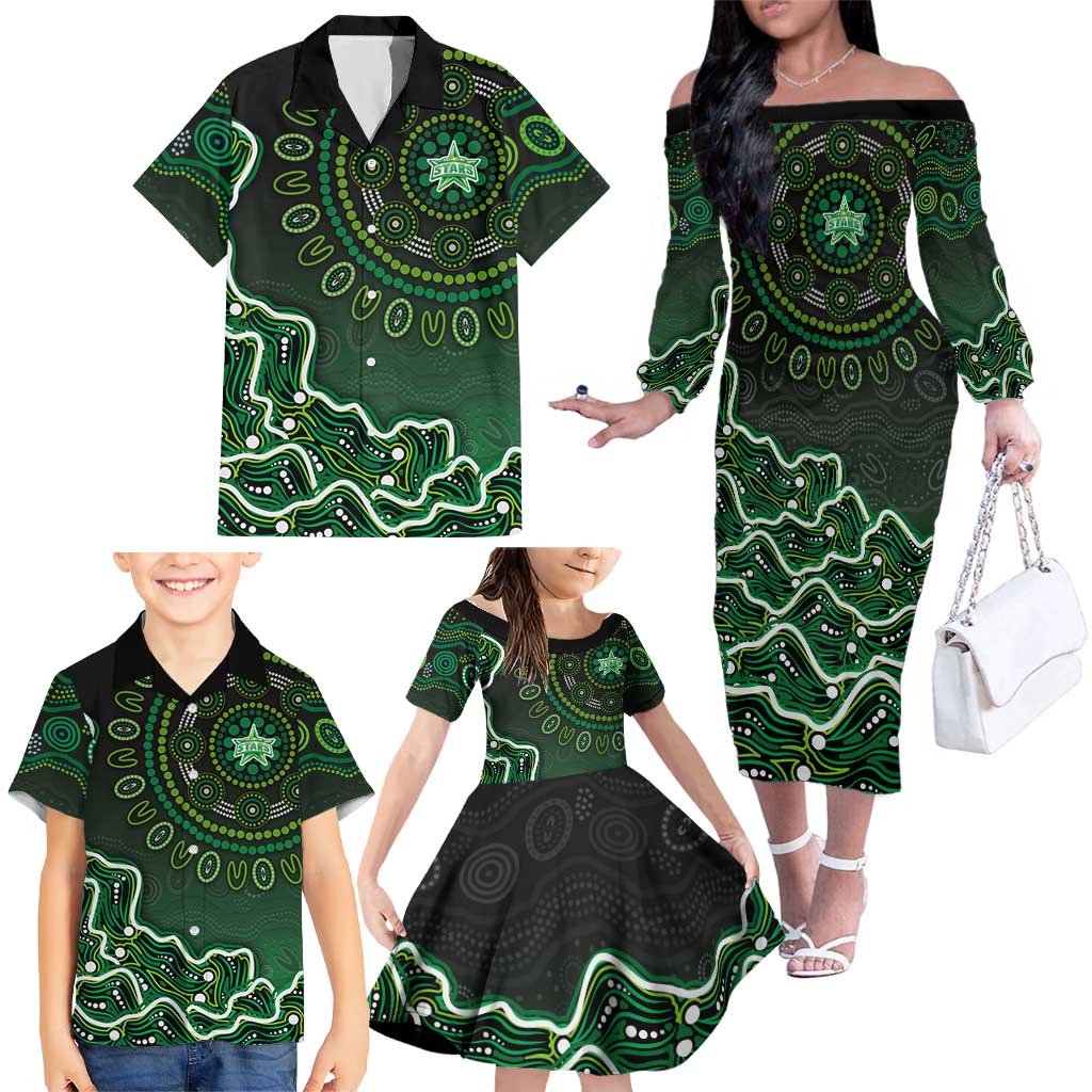 Melbourne Stars Cricket Mascot Family Matching Off The Shoulder Long Sleeve Dress and Hawaiian Shirt Aboriginal Dot Art Green And Black Tribal Pattern