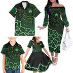 Melbourne Stars Cricket Mascot Family Matching Off The Shoulder Long Sleeve Dress and Hawaiian Shirt Aboriginal Dot Art Green And Black Tribal Pattern