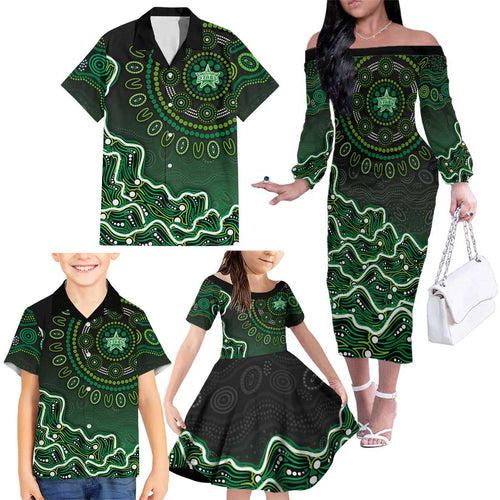 Melbourne Stars Cricket Mascot Family Matching Off The Shoulder Long Sleeve Dress and Hawaiian Shirt Aboriginal Dot Art Green And Black Tribal Pattern