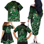 Melbourne Stars Cricket Mascot Family Matching Off The Shoulder Long Sleeve Dress and Hawaiian Shirt Aboriginal Dot Art Green And Black Tribal Pattern